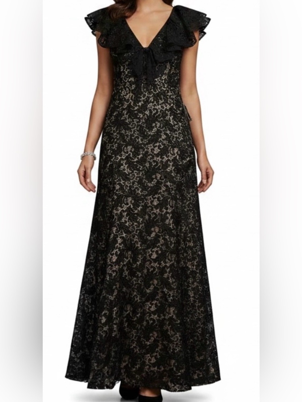 Cooper St. Black Lace Evening Gown with Ruffle V-Neck | NWT